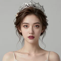 complex 3 d render, ultra detailed, realistic portrait of a beautiful porcelain skin woman, face, wispy, wavy hair worn tied back in a messy bun, wearing filigree silver crown, wide hazel open eyes, flowers in hair, brown eyeshadow, mauve lips, natural makeup, 8 5 mm lens, beautiful, studio portrait, spaghetti strap dress,
