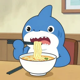 a colorful shark eating ramen in the style of 9 0's american cartoons