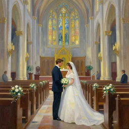 a beautiful painting of wedding in the church, greg rutkowski style, trending on artstation