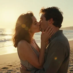 A hyper realistic and detailed photography of a couple kissing from movie Here to Eternity on beach. by David Dubnitskiy. Cinematic. Golden Hour. Kodak Portra 400. Lens flare. 35mm lens