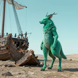 turquoise moonlight, a male green satyr stands beside his wrecked fifteenth century carrack at the bottom of a dried - up lake in an ivory desert beneath a starless night sky, evangelion, kyoto animation still, intricately detailed features, digital painting, yoshiyuki sadamoto