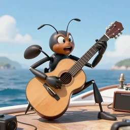 giant ant playing a guitar on a boat
