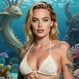 tattooed margot robbie posing in a crochet bikini in front of atlantis, highly detailed face, realistic face, beautiful eyes, detailed eyes, fantasy art, in the style of greg rutkowski, illustration, epic, fantasy, intricate, hyper detailed, artstation, concept art, smooth, sharp focus, ray tracing, vibrant,