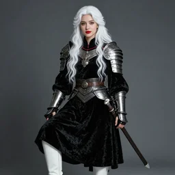 portrait of a warrior, slavic woman, very beautiful face, pleasant facial features, red lips, long snow - white hair, black closed velvet dress, leather armor, iron armor, white boots, clothes alexander mcqueen very beautiful style, photorealism, bouguereau, edgard maxence