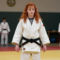 Ginny Weasley as a judo black belt, wearing a white gi, in a dojo, film still from Harry Potter