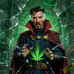 doctor strange as snoop dogg, marijuana, marijuana leaves, green light,, multiple dimensions, shattered glass, refractions, highly detailed, cinematic by francis tneh, marvel cinematic universe, mcu, photo