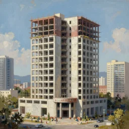 a beautiful ultradetailed painting of unfinished building embassy by benedek vass, vice city, archdaily, wallpaper, highly detailed, trending on artstation.