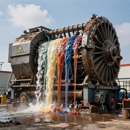 a gigantic dirty machine that is leaking fluids of varying viscosities and colors, industrial commercial photo, sharp digital photo