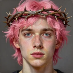 A beautiful close-up of a young man with pink hair and a crown of thorns, digital art by Edward Hopper, vibrant color scheme, highly detailed, in the style of romanticism, fine Art, high detail, great lighting, 8k resolution, masterpiece, concept art, illustration, clear eyes, soft lighting, soft details, painting oil on canvas, octane render, HDR, trending on artstation, 4k, 8k, HD