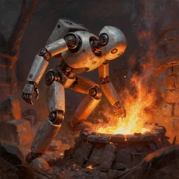 a robot climbing out of a molten forge, oil painting, artgerm artstation 4 k