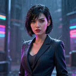 cinematic cartoon women portrait made out of rain, pinstripe suit, short hair, cyberpunk background, rendered in octane, unreal engine, highly detailed, trending on artstation, realistic, splashes of neon, beautiful