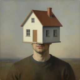 A detailed surrealism painting of a man with a head shaped like a house