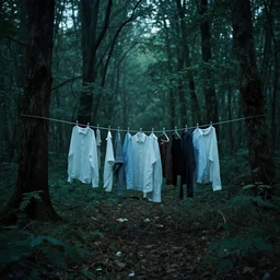 clothes hanging on a clothes rack in a lonely eery forest, fever dream, award winning photography, dreamcore, weirdcore