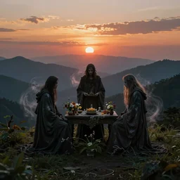highly detailed three robed figures around an altar with flowers and plants, on a lush mountainrange overlooking the vast and beautiful sunset, swirling magic dust, hyper ultra realistic, octane render, eerie, dark, cinematic, style by greg rutkowski, rule of thirds, golden ratio, ambient lighting, wlop, artgerm, masterpiece, dark fantasy art