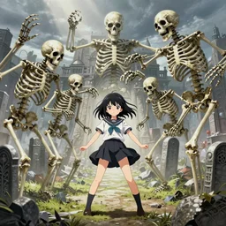 kawaii girl in front of necropolis, skeletons in ambush ready to attack, huge amount of details, masterpiece,  posing for painting, epic cinematic still, dynamic perspective, anime style, beautiful volumetric light