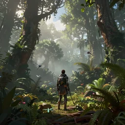 cinematic stills from horizon zero dawn 2, lush forest, fog, dragonflies, by moebius and kim jung gi.