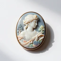 pastel cameo brooch, commercial catalog photo, isolated on a pure white background, centered, entire object in frame, sharp focus, soft studio lighting