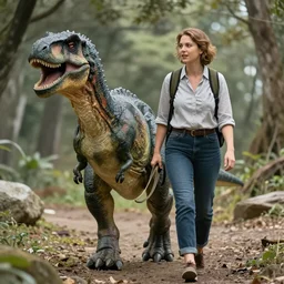 lady takes dinosaur on a leash for a walk, cinematographic, official media, hyper realistic