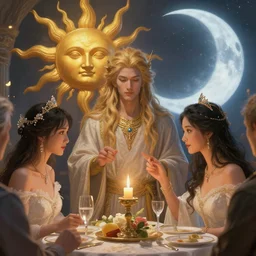 close up moment of a divine a sun god and a moon goddess lovers magician at a wedding banquet, highly detailed, d & d, fantasy, highly detailed, digital painting, trending on artstation, concept art, sharp focus, asian feature, illustration, art by artgerm and daniel gerhartz and magali villeneuve