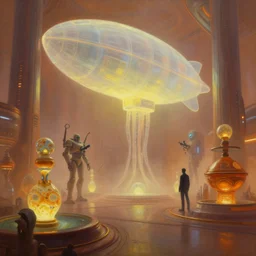 dramatic perspective a minimalist bioluminescent oil painting by donato giancola, chris foss, warm coloured, cinematic scifi luxurious futuristic foggy steam filled spaceport with giant bright translucent cephalopod zeppelin cyborg with microscopy pretty bulbous ceramic fountains, gigantic pillars, maschinen krieger, beeple, the matrix, star wars, ilm, star citizen, mass effect, artstation, atmospheric perspective