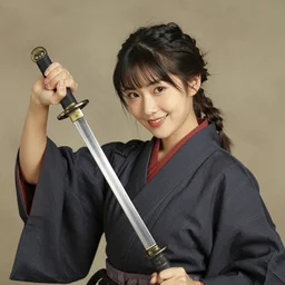 Young woman samurai, pigtails, holding a sword, painted nails, smiling, historical photo