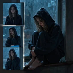 sadie sink in hoodie sits on windowsill, knees tucked in | rain falls at night : storyboard, scifi cyberpunk. art by anders zorn, wonderful masterpiece by greg rutkowski, beautiful cinematic light, american romanticism by greg manchess, jessica rossier