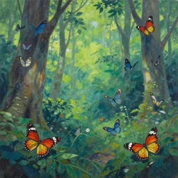 a beautiful painting of butterflies in a forest in the style of Tomine