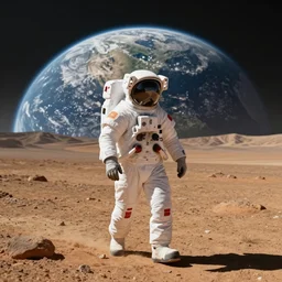 matte painting of an astronaut walking in a marcian landscape, at the background is the earth