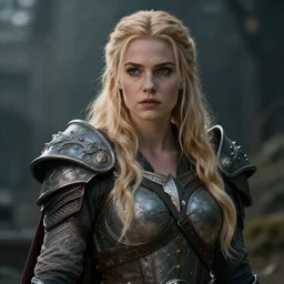 legendary blond female warrior, shallow depth of field, moody lighting, 8 k, concept art, 2 0 mm lens,