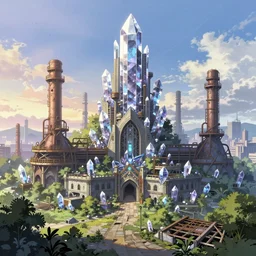 a beautiful detailed anime illustration of industrial architecture nature architecture urbex building abandoned city tomb by ralph mcquarrie, morning sun landscape myst crystal, archdaily, wallpaper, highly detailed, trending on artstation.