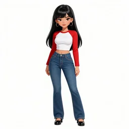 character design of a latina cute girl using tight white and red raglan sleeves with tight blue jeans and cool shoes, having silky long black hair with bangs