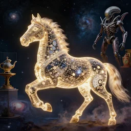 a stunning horse made of a illuminated astronomical map running through a space nebula by greg rutkowski, high key lighting, volumetric light, digital art, highly detailed, fine detail, intricate, ornate, complex, octane render, unreal engine, photorealistic, fat cat shaped teapot, highly detailed, octane render, ray tracing, ambient occlusion, trending on artstation, 8 k, a mecha xenomorph display at a weapon fair by chu qiao and h. r. giger. mid - shot. oil painting.