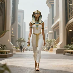 cleopatra in a future city walking around