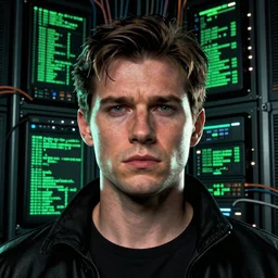 portrait of main character of Neuromant book, high detailed, wide and straight in face angle, in the background big mainframe with python code running on it(black and green color) many wires. volumetric light, epic light, by Steve Dillon, Glenn Fabry, Matt Hollingsworth, Pamela Rambo in style of Preacher comics(1995-2000)