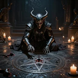a metal musician using a pentagram on the floor to conjure a demon. Demon horns breaking through the floor. Candles. Ominous lights. Magic. Horror film still.