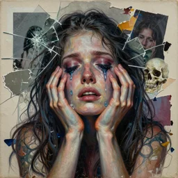 weeping languid extasy, skull in hands detailed mixed media collage with canvas texture in style of contemporary art, punk art, realistic beautiful face, photorealism, expressionism, masterpiece, perfect composition, spectacular quality, intricate oil details, broken glass photo, torn paper intricate texture