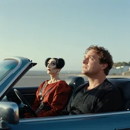 the hip creature sells sits in a car, they look at the sky film still from the movie directed by denis villeneuve and david cronenberg with art direction by salvador dali and zdzisław beksinski, wide lens