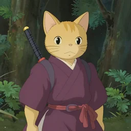 cat dressed as a samurai in the style of studio ghibli