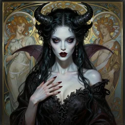 masterpiece painting of stunning vampiric succubus girl by donato giancola, h. r. giger and tom bagshaw, face by artgerm and edmund leighton, background by james jean and alphonse mucha, 8 k, gothic horror, majestic, volumetric lighting, porcelain skin, art deco, trending on pixiv