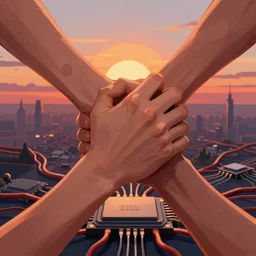 illustration strong realistic hands and interlocking arms against a background of sillicon chip blood vessels sunset at sunset in the style trending on artstation cinematic