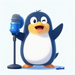 digital art, dancing club penguin character, recording vocals on a blue yeti microphone