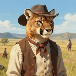wild west portrait of furry anthro anthropomorphic mountain lion head animal person fursona wearing clothes in the valley, sunny day, digital art by Nerdrum John, William Waterhouse, Winslow Homer, Alex Heywood, Jordan Grimmer, Darren Quach, Greg Rutkowski, Simon Stalenhag, trending on Artstation, CGSociety