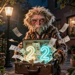 photo of gollum as shady business man with a suitcase bursting with moneybills, the suitcase has a glowing neon number 2 2, a new york backyard at night, volumetric light from a streetlantern, nikon photography, 3 5 mm