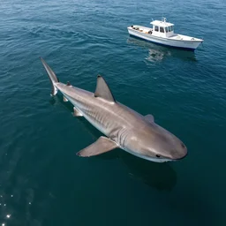 an aerial photograph of a giant shark underneath a small boat. photograph. high quality. national geographic.