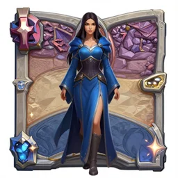 Symmetrical full body Hearthstone official professional art, with realistic beautiful body & face & eyes. Every following words is important: Full body of a female mage with a blue robe. Completly coherent and well drawned physical every single body parts, ArtStation.