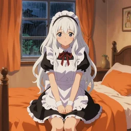 a girl in a maid's outfit in the bedroom a night, raining outside the window, orange theme, wavy white long hair, by krenz cushart and mucha and akihito yoshida and greg rutkowski and makoto shinkai, 4 k resolution