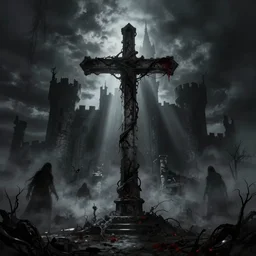 a cross between bloodborne and silent hill, castle ruins, gothic horror, volumetric fog, god rays, shadowy figures lurking, stark lighting, by brom, by fenghua zhong, by bouguereau, artstation.