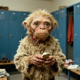 A long-shot , color school photograph portrait of Gollum in locker room , summer, day lighting, 1990 photo from photograph Magazine.