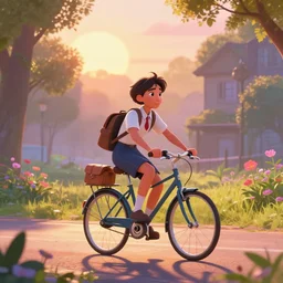 cottagecore illustration of a student cycling to school on a peaceful morning, Pixar and Disney animation, sharp, Rendered in Unreal Engine 5, art by Greg Rutkowski, Bloom, dramatic lighting, sunrise