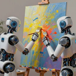 two robots fighting with brushes on their hands  trying to paint a canvas to create the most beautiful painting, colourful oil painting, digital art, trending on artstation, highly detailed, 8k, luminous, biomechanical